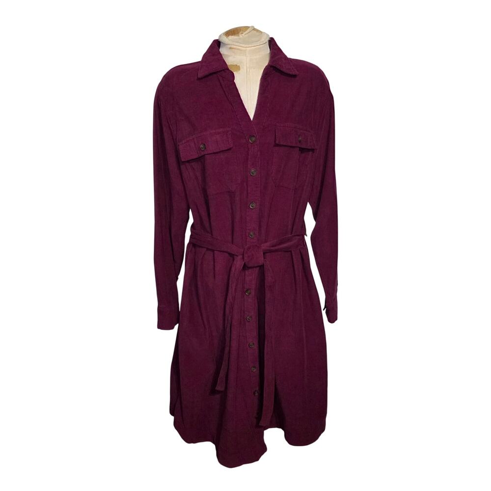 St. John's Bay Corduroy Midi Button Up Dress Womens OX Belt Tab Sleeves NWT